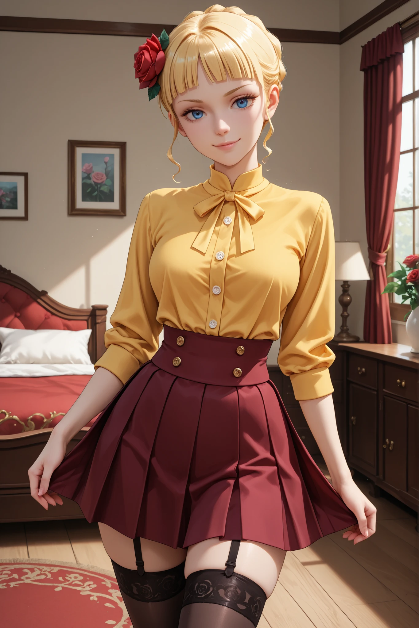 1 girl, beatrice, eyelashes, nose, straight bangs, blue eyes, blonde hair, hair ornament, short hair, flower, hair flower, rose, yellow shirt, buttons, pleated skirt, high stockings, garters, standing, in bedroom, sensual pose, attractive, sensual smile, looking at viewer, sexy, very pretty, beautiful eyes