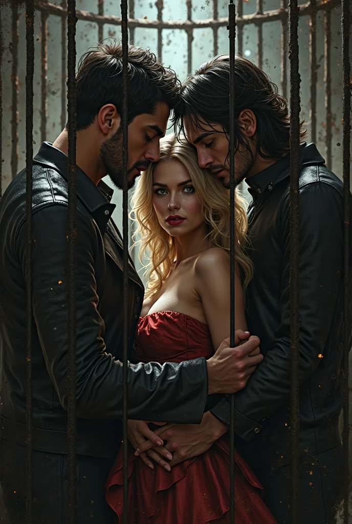 Two men with short black hair who kidnapped a beautiful girl with long blond hair and tied her up.
