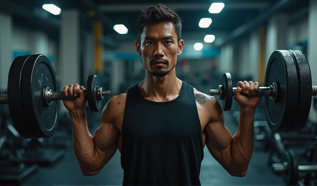 An Asian man in the gym,Topless,Small belly,2,China