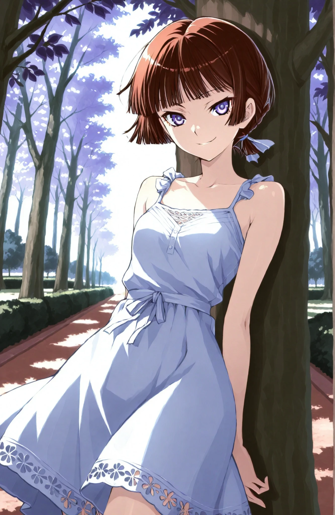 A slender woman with very short red-brown bangs cut at eyebrow level lace braid hair tied back, violet eyes, sly smile, wearing a summer dress, outside in a park under a tree, natural lighting, in full view in a highly detailed anime style