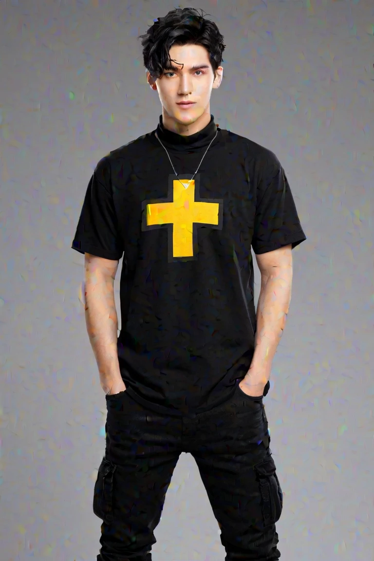 I will describe the t-shirt design in detail:
Back of the t-shirt:
Traditional image of Pope John Paul II taking up most of the back.
Front part of the t-shirt:
A small minimalist black cross on the left side of the chest.
T-shirt colors: yellow and black.