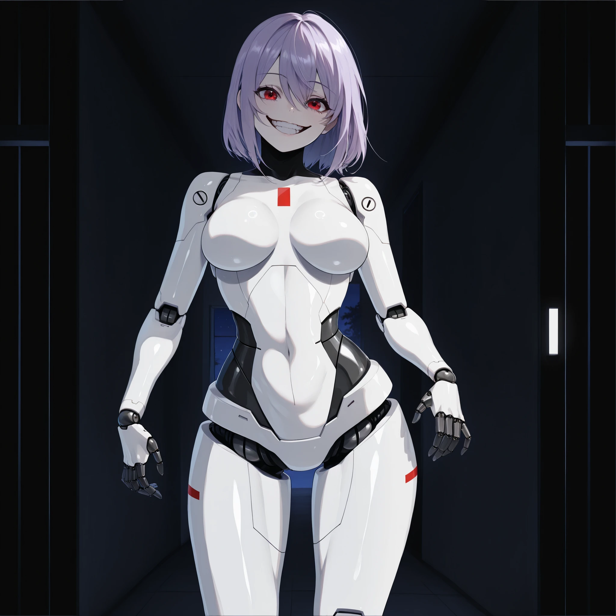 score_9, score_8_up, score_7_up, 1women, solo, solo_focus, "(facing_towards_viewer:1.2), (Sleek_white_feminine_robotic_body_with_black_sections_on_hips: 1.2), , (soft_lavender_WAVY_FLUFFY_bob_hair: 1.2), (head_tilted_super heavily_to_side almost at a 90 degree angle: 1.3), (Crimson_eyes: 1.2), (big excited closed mouth showing teeth creepy scary predatory smile: 1.2),(small_RED_SQUARE_right_above_chest: 1.1) (C-cup_breasts: 1.2), (BLACK_ROBOTIC_NECK: 1.2) (SYNTHETIC_BLACK_MATERIAL_ON_WAIST: 1.2), robotic_hands: 1.2, (standing_straight: 1.2), (arms_at_sides: 1.2), (Caucasian_skin_Human_head_on_robot_body:1.2), (Robotic_joints: 1.2), (in a super dark modern concrete house hallway at night: 1.2), (place) dark_cold, super creepy looking, creepy dangerous vibe, NIGHT TIME, dark, very dark, (night: 1.5) 4K, masterpiece, high_detail, cowboy_shot, good_eyes,