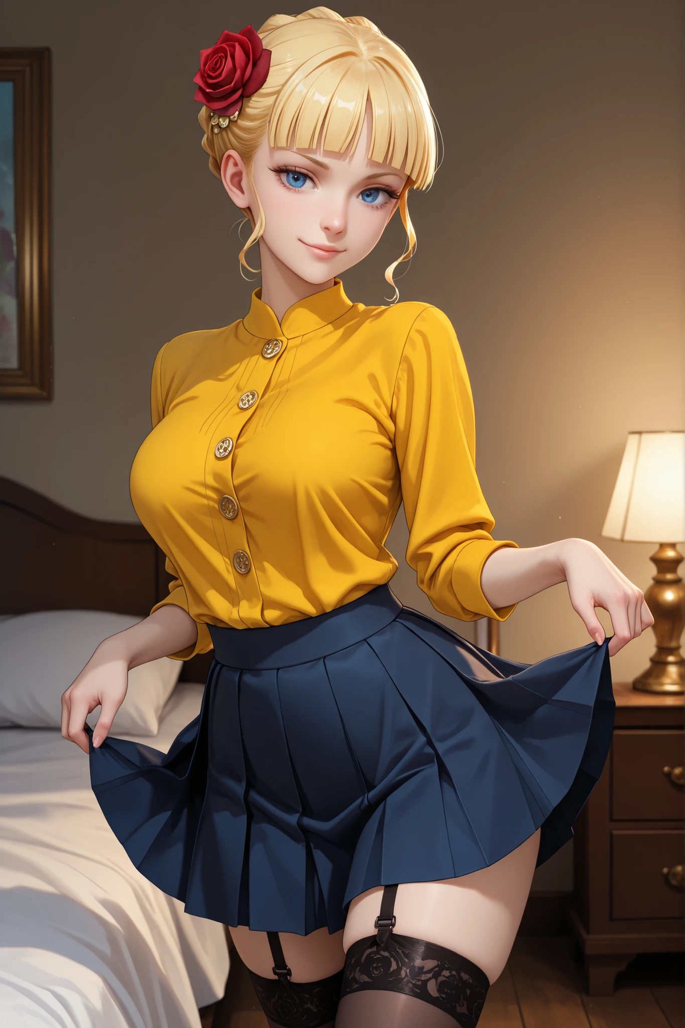 1 girl, beatrice, eyelashes, nose, straight bangs, blue eyes, blonde hair, hair ornament, short hair, flower, hair flower, rose, yellow shirt, buttons, pleated skirt, high stockings, garters, standing, in bedroom, sensual pose, attractive, sensual smile, looking at viewer, sexy, very pretty, beautiful eyes