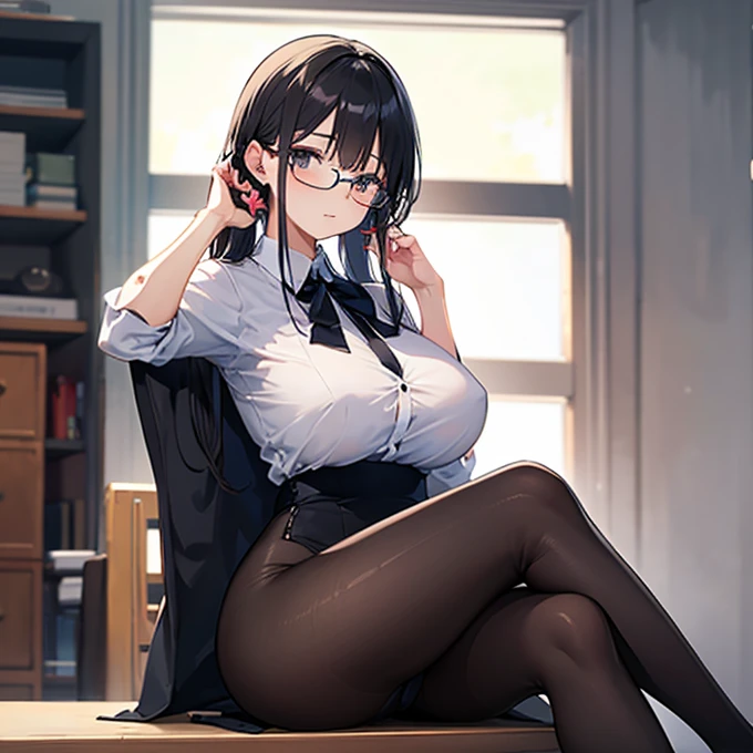 1 girl, glasses, (full body:1.2), sitting, (angle from below:1.1), (angle from the side:1.1), blush, (slim body:1.2), (huge breasts:1.3), (slender and long legs:1.1), black hair, short hair, white long sleeve shirt, pleated skirt, (black tights:1.1), black loafers,