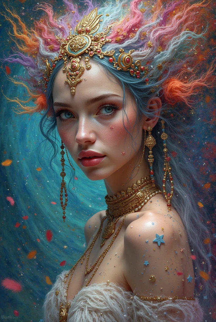 woman with colorful hair and necklace, fantasy palace, regal and ornate bathroom, emerging from her bathtub, wet robe, steamy, masterpiece, 8k, best quality