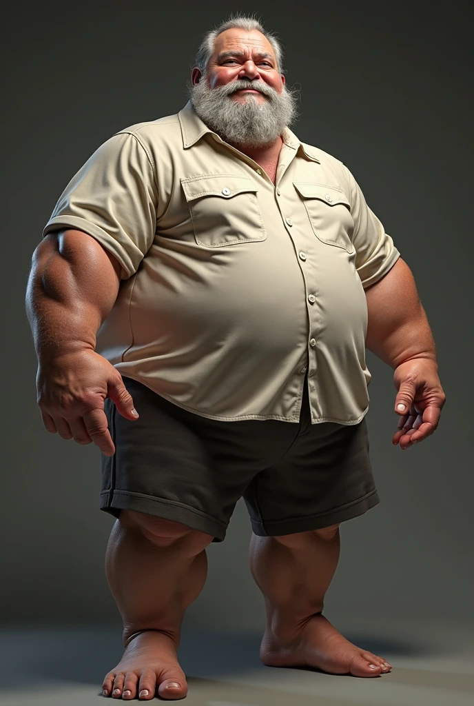 ground level camera shot, (best quality,4k,8k,highres,masterpiece:1.2),ultra-detailed,(realistic,photorealistic,photo-realistic:1.37),((massive muscular)) ((huge Muscular)) chubby old man standing in photo studio, simple background, , shorts and shoes, white hair, super thick arms, super big pectoral, super wide pectoral, topless, shirtless, low angel , bottom view, (ground view)