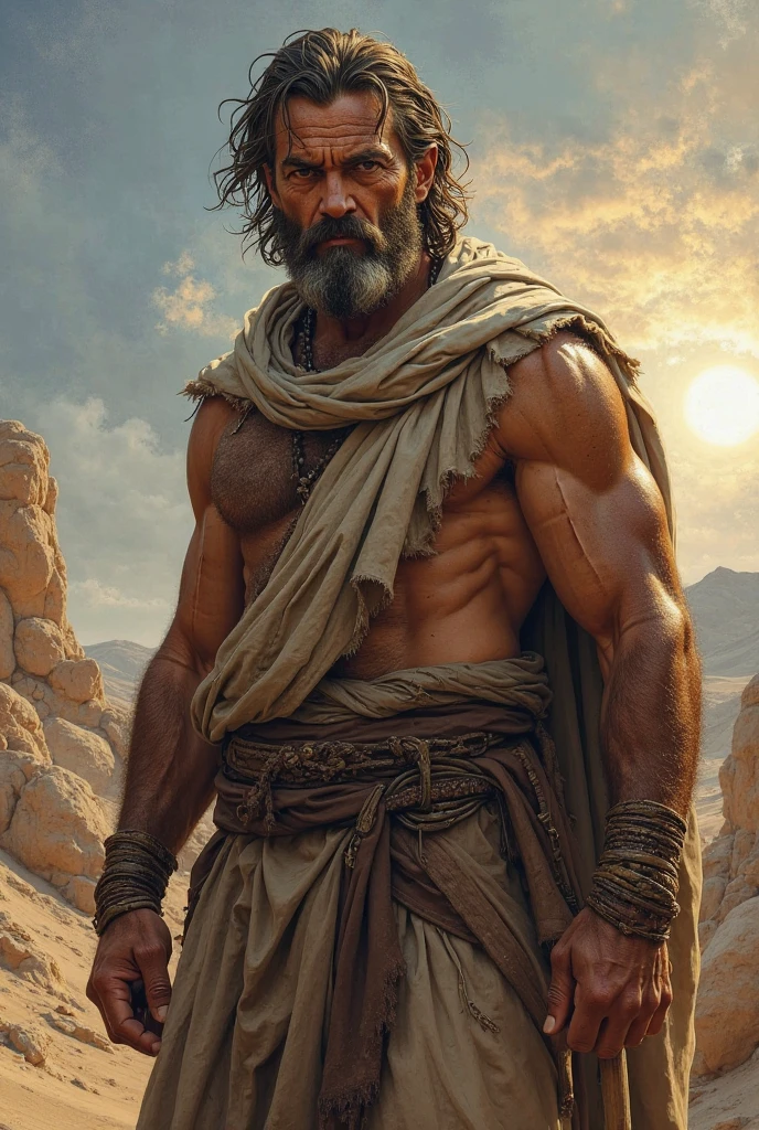 Moses a simple man in biblical times with a thin man with muscular arms and defined body, holding a staff leading the people of Israel and with God in the heavens supporting him