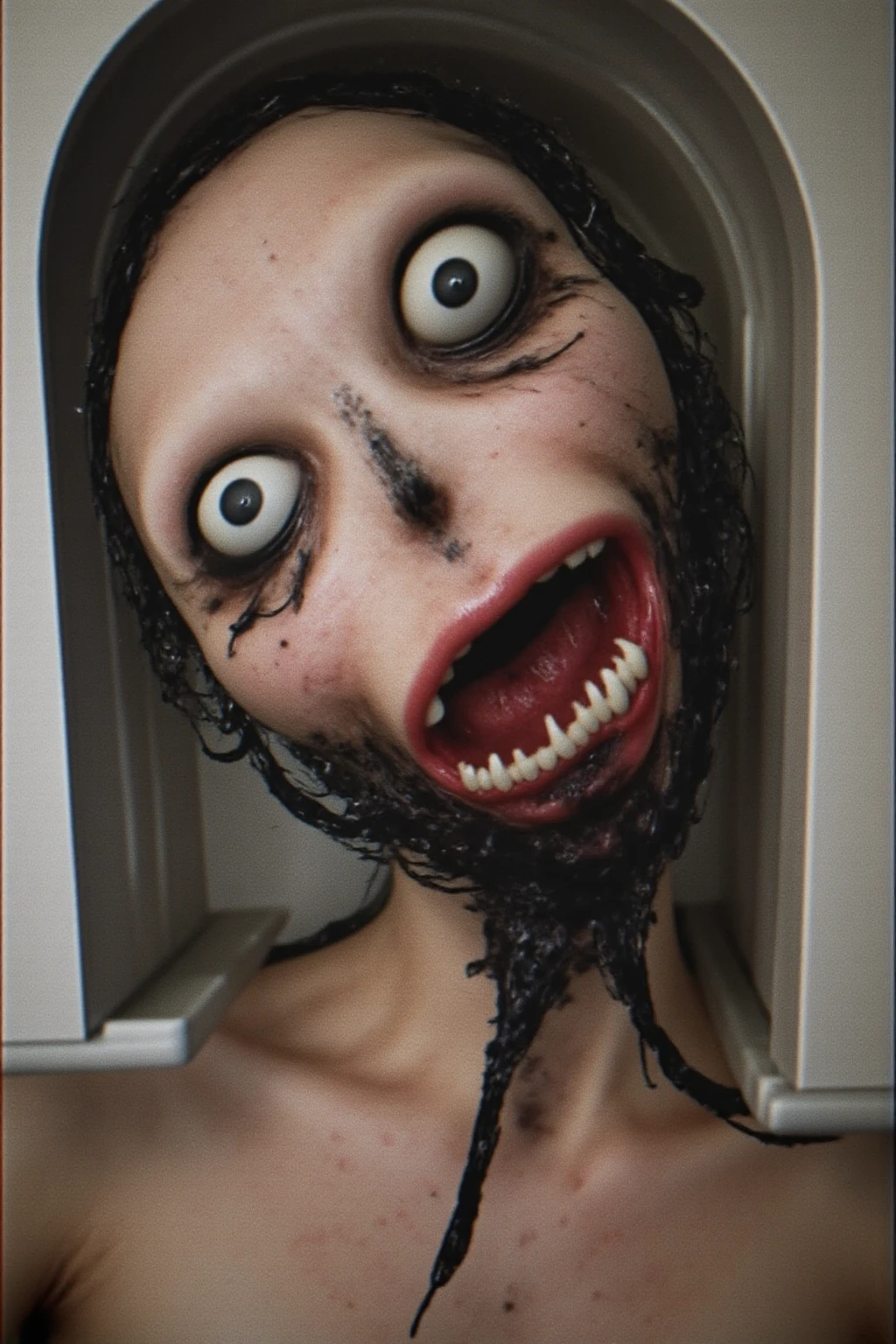 a woman with a horrifying face, extremely ugly and distorted features, sunken eyes, gaping mouth, rotting skin, a skeletal body, unhealthy and uncomfortable appearance, in a dark, unsettling horror atmosphere, highly detailed, photorealistic, 8k, best quality