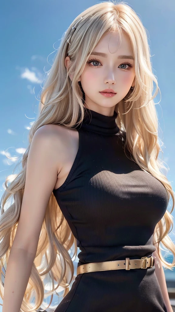 sexy big breasts、15 year old beautiful girl sexy cute looks and cute, beautiful and sexy face、The strong wind blows the hair in front of my face、Beautiful long blonde straight hair with beautiful cute and sexy eyes hidden in her long bangs、Tank top、check mini skirt