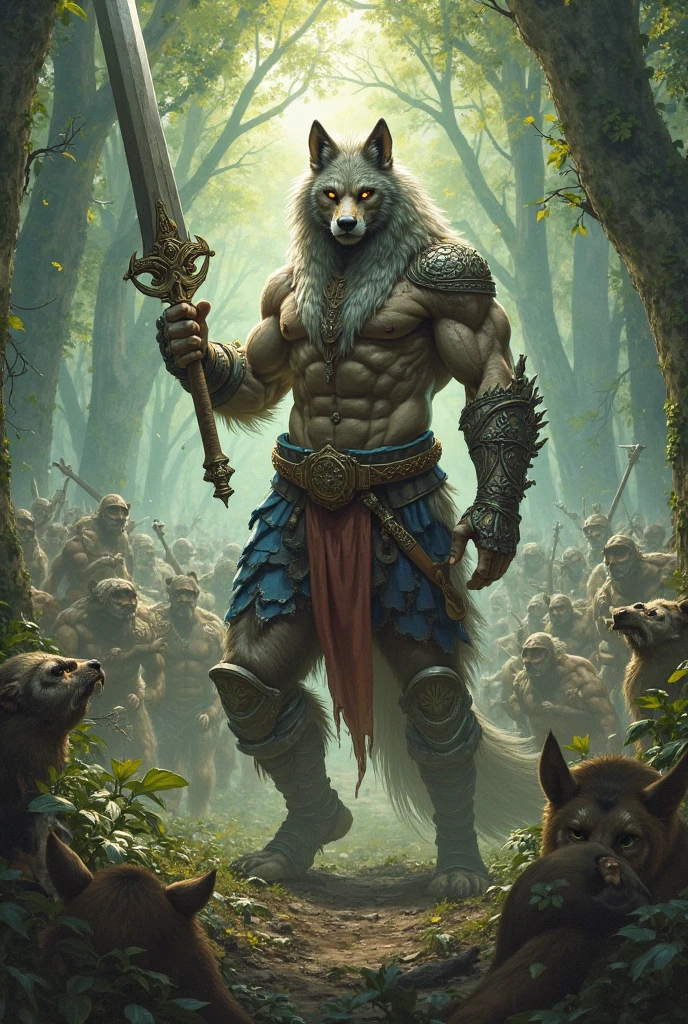 Tall and muscular Barbarian King, With Bright Eyes, Shaved White Hair, Wearing a black fur cape, Walking in a medieval square with a Fenrir by his side Holding a battle axe, Realistic, Full HD, Best Quality.