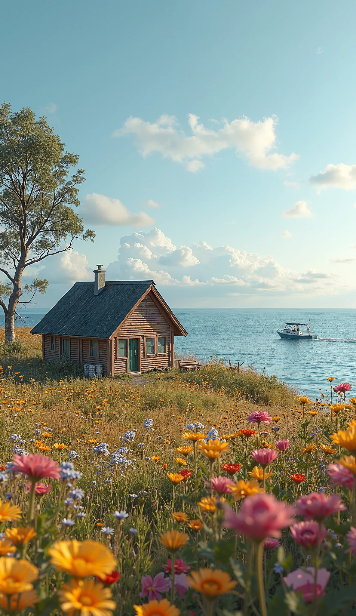 masterpiece、最High Quality、High Quality、 Detailed CG Unity 8K Wallpaper 、 scenery、Admire the prairie、窓の外の scenery、colorful flowers、The ocean beyond the prairie、nature、Scandinavian house facing the ocean、There is a fishing boat、blue sky that seems to pass through、depth of field、high resolution、flower、 Chromatic Aberration、Photorealism、very well detailed、art station wearing a riff、CG social trends、 complicated 、High Detail、dramatic、