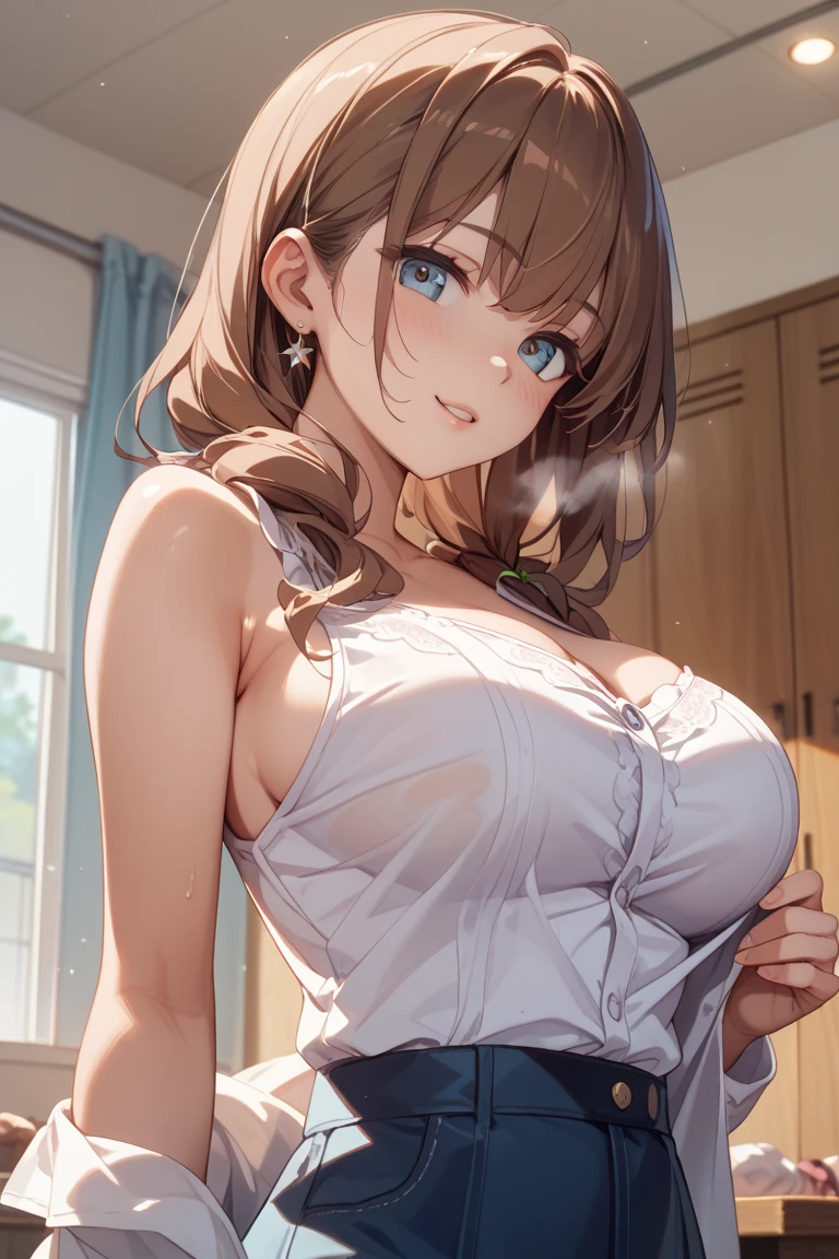 nozomitoujou, nozomi toujou, green eyes, brown hair, curly hair, large breasts, masterpiece, best quality, high resolution, beautiful detailed eyes, extremely detailed face, good lighting, detailed CG, messy hair, glossy lips, worried, nervous, changing room, skinny, sexy outfit
