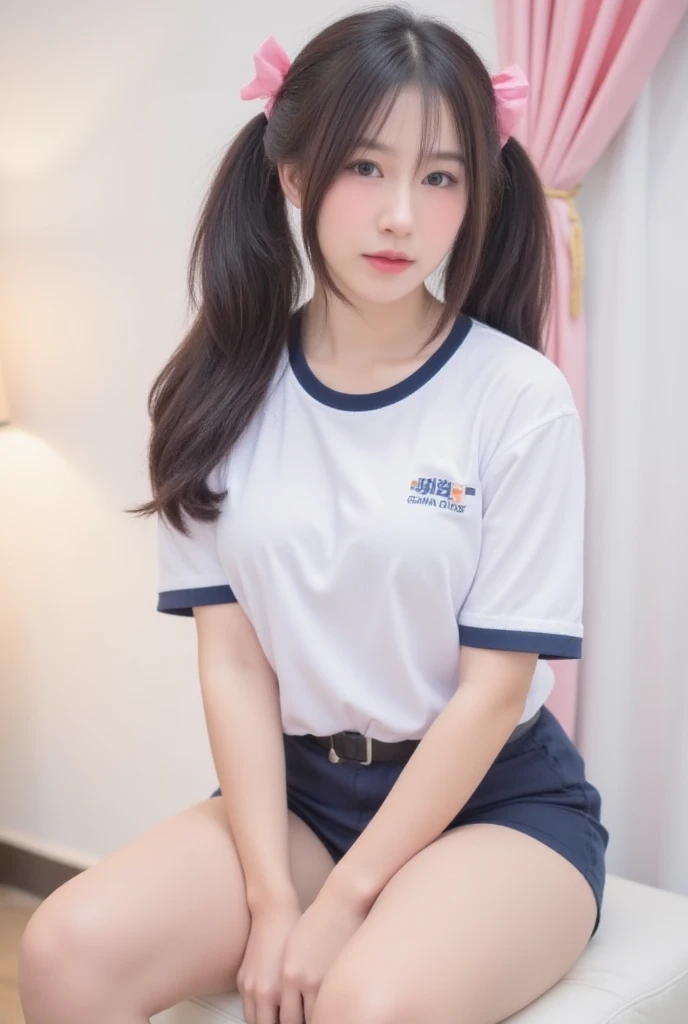Pieces fly, Highest quality, figure, Very detailed, Fine details, High resolution, 8K,wallpaper, Perfect dynamic composition,(Detailed high quality, Realistic depiction of eyes:1.3), (Shortcuts), (The perfect fit T-shirt,Large Breasts, mini skirt), Big Natural Color Lip, Bold sexy pose, (())、(Cute type、Lolita)、Beautifuet, Hotel Rooms, Gravure idol pose, (Woman standing on top, Straddle, sit)