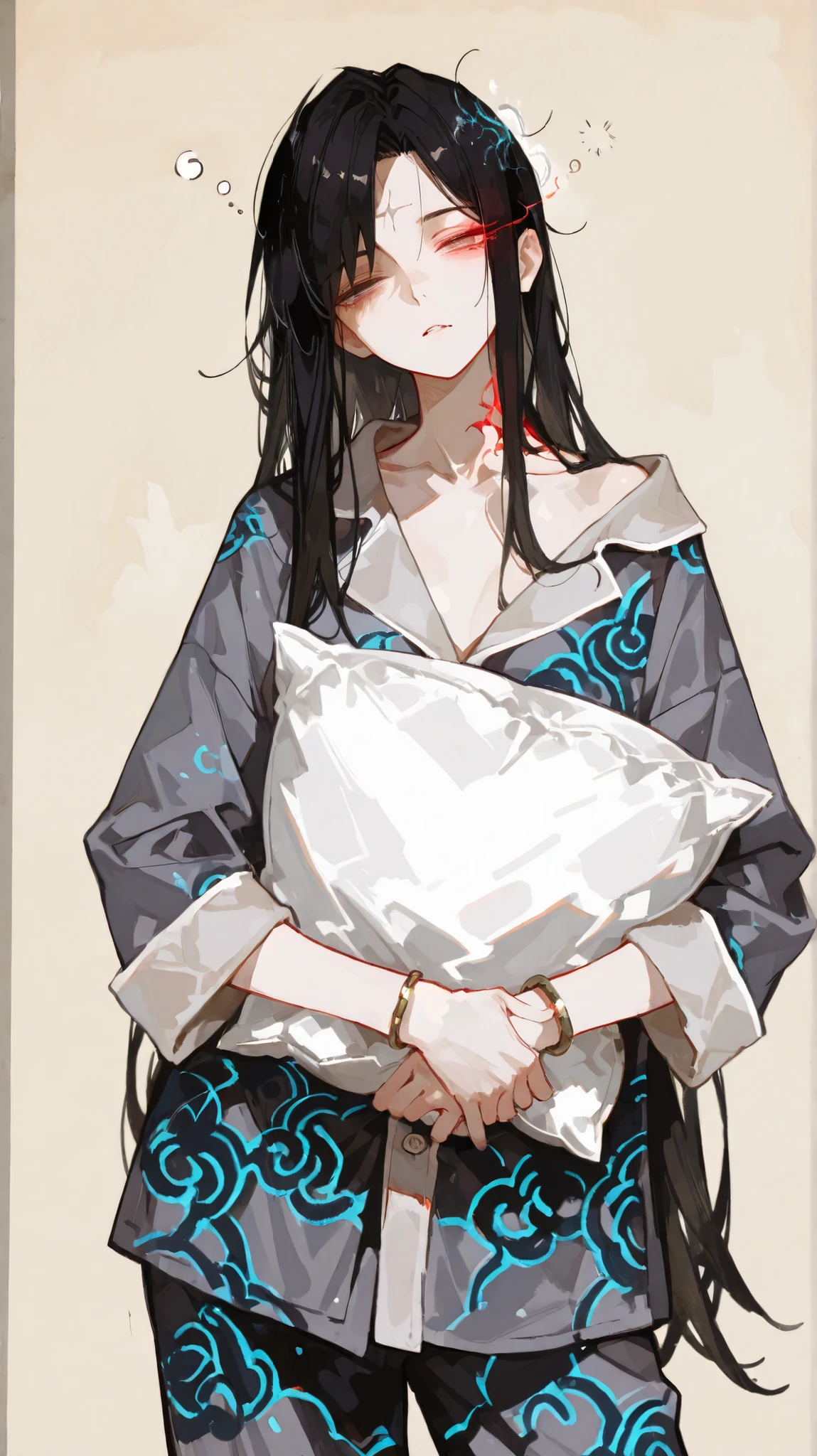 ( masterpiece), ( best quality), ( ultra-fine),( cool tones ), (1 girl),ink painting , 三维ink painting , Minimalist, Minimalist图形艺术, best quality,Portrait close-up, 1 Anime Female , Gray loose pajamas,((No bangs on the forehead )), Long Black Hair , red glowing eyes, Sensual Beige Background ,Correct proportions ,(One hand holding a white pillow,Scratch your head with one hand ),fair skin,Correct proportions,( delicate face ),( Confused expression ), Bracelet,( Modern China ),(Sleepy eyes),Cool Woman ,( sleepy ),(girls show one shoulder),(((Girl's handsome standing position))),Perfect face,No hair accessories,(full body),Glowing plasma effect