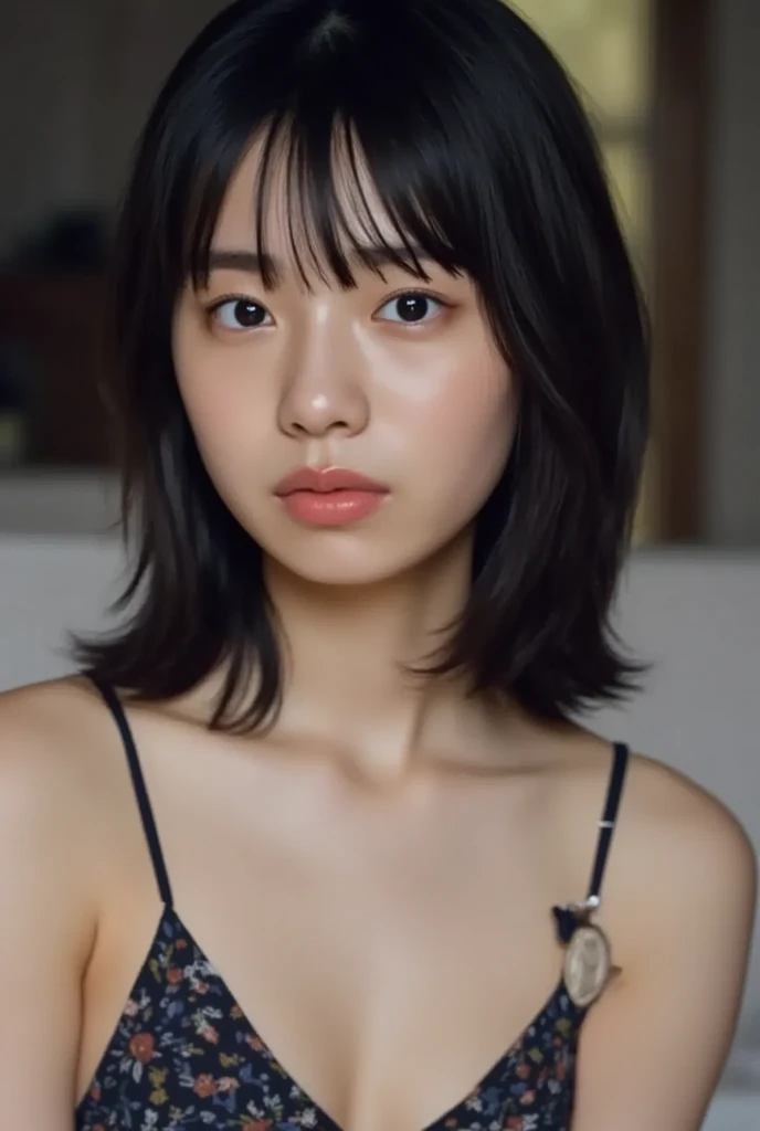 (( Best Quality )), ((masterpiece)), ( details),     Japanese,   first person view   ,1 girl,     ,(  in the bedroom),(((   abnormally   ,  completely ,  beautiful , short bob hair))),  black hair  , ((       without makeup,  small eyes))
