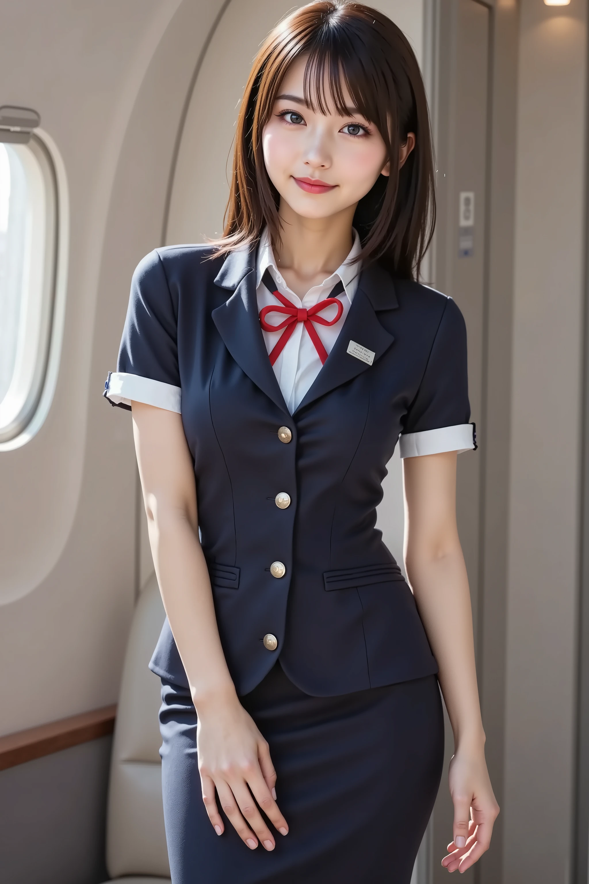 firm breast, by adjusting the framing so the subject's full head is visible within the composition, a highly detailed and realistic digital illustration of a female character in a stylized military-inspired fantasy outfit, realistic high-resolution photograph of a female flight attendant, captured just below the shoulders, positioned fully within frame to avoid head cropping. she wears a professional, form-fitting navy blue uniform consisting of a short-sleeve blazer with metallic buttons, a white collared shirt visible underneath, and a neatly tied red ribbon bow at the neck. the name tag is subtly affixed above her chest pocket on the blazer. sleeve cuffs are white, providing sharp contrast against the navy fabric. her uniform is clean and symmetrical, with precise seams and a modern tailored cut. the fabric has a slight matte texture, absorbing the ambient light in soft gradients. behind her, the aircraft cabin stretches out, lined with soft gray paneling and distinct curved architecture. one window captures a warm sunset glow, projecting amber light into the narrow aisle and subtly illuminating the contours of her shoulders and upper body. the walls curve upward to meet the ceiling with seamless transitions, giving the cabin a sleek, enclosed look. the ambient light source from the side window creates a natural highlight on the outfit's surface, emphasizing the folds and creases in the blazer. background details such as the emergency exit door, overhead lighting panel, and shadows across the aisle contribute to the realism. ensure her head is fully visible and the framing includes the background environment without obstruction. textures and lighting should emphasize the professional atmosphere, and the depth of field should subtly separate the figure from the background while retaining focus on the uniform's structure. shadows should fall naturally along her arms and across her midsection, emphasizing the fabric's form and fit.