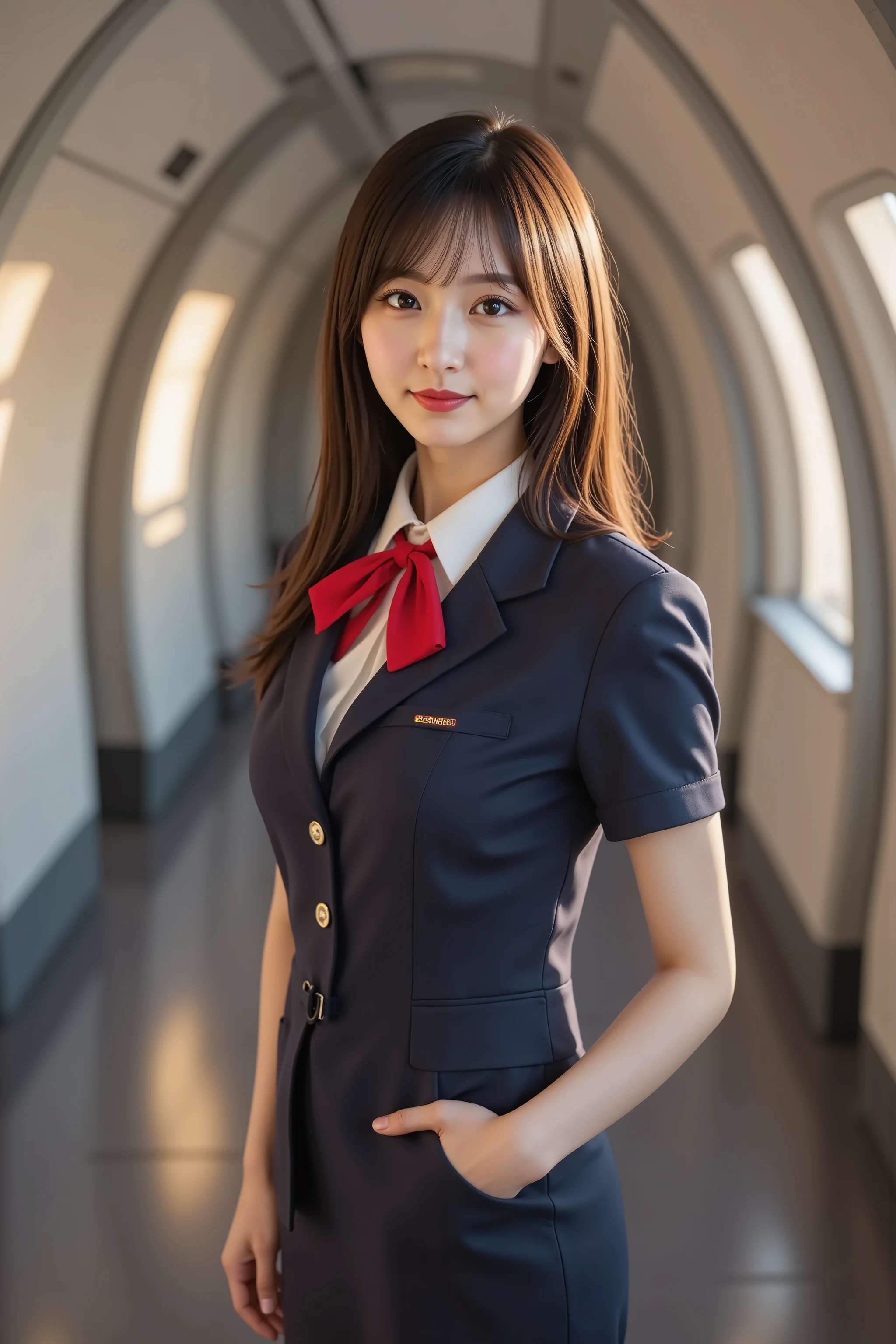 firm breast, by adjusting the framing so the subject's full head is visible within the composition, a highly detailed and realistic digital illustration of a female character in a stylized military-inspired fantasy outfit, realistic high-resolution photograph of a female flight attendant, captured just below the shoulders, positioned fully within frame to avoid head cropping. she wears a professional, form-fitting navy blue uniform consisting of a short-sleeve blazer with metallic buttons, a white collared shirt visible underneath, and a neatly tied red ribbon bow at the neck. the name tag is subtly affixed above her chest pocket on the blazer. sleeve cuffs are white, providing sharp contrast against the navy fabric. her uniform is clean and symmetrical, with precise seams and a modern tailored cut. the fabric has a slight matte texture, absorbing the ambient light in soft gradients. behind her, the aircraft cabin stretches out, lined with soft gray paneling and distinct curved architecture. one window captures a warm sunset glow, projecting amber light into the narrow aisle and subtly illuminating the contours of her shoulders and upper body. the walls curve upward to meet the ceiling with seamless transitions, giving the cabin a sleek, enclosed look. the ambient light source from the side window creates a natural highlight on the outfit's surface, emphasizing the folds and creases in the blazer. background details such as the emergency exit door, overhead lighting panel, and shadows across the aisle contribute to the realism. ensure her head is fully visible and the framing includes the background environment without obstruction. textures and lighting should emphasize the professional atmosphere, and the depth of field should subtly separate the figure from the background while retaining focus on the uniform's structure. shadows should fall naturally along her arms and across her midsection, emphasizing the fabric's form and fit.