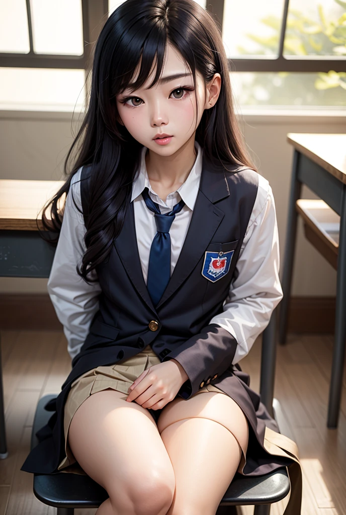 top-quality、hight resolution、ultra-detailliert、masterpiece、Raw photography:2、realisitic:2、Photorealsitic:2、extremely delicate and beautiful、finely detail、Textured skin、1girl in、japanes、 (Solo)、(Chest Up Shot)、18-year-old 、(Sitting on a school chair by the window)、She's looking at this、Sunset hits、(Super beautiful girl:1.5)、(A detailed face)、Adult face、Bare legs、Black hair、(White short shirt and grey short shirt)、highschool、crass room、School Desks and Chairs