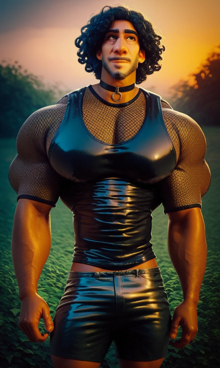 a young man having long legs, thick thighs, large hips, thin and narrow weist, big large feminine breasts, wearing leggings and tshirt, sleeveless, very small spikey boyish haircut, man 