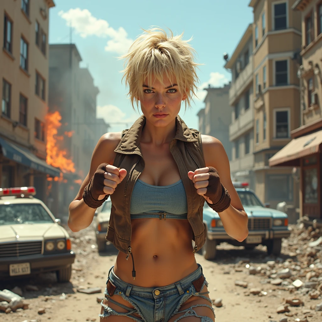 (((Android 18))), dragon ball, 1girl, ((blond short hair)), ((sexy pose)), (open topless denim crop jacket), a slender curvy and beautiful asian looking woman of above-average height and fair complexion, She has shoulder-length blonde hair, hait part over her left temple tucked behind her ear, She wears small gold hoop earrings on both ears, she wears a blue denim vest, a brown belt, brown boots, a black shirt that has white and black striped long sleeves, (symmetrical beautiful detailed eyes:1.2), ((above a destroyed city)), destruction, smoke and fire in the background, raw photo, highly detailed, ultra hd, 8k (photorealistic, hyperdetailed:1.2), seductive look, skindentation, lustrous skin, (solo),