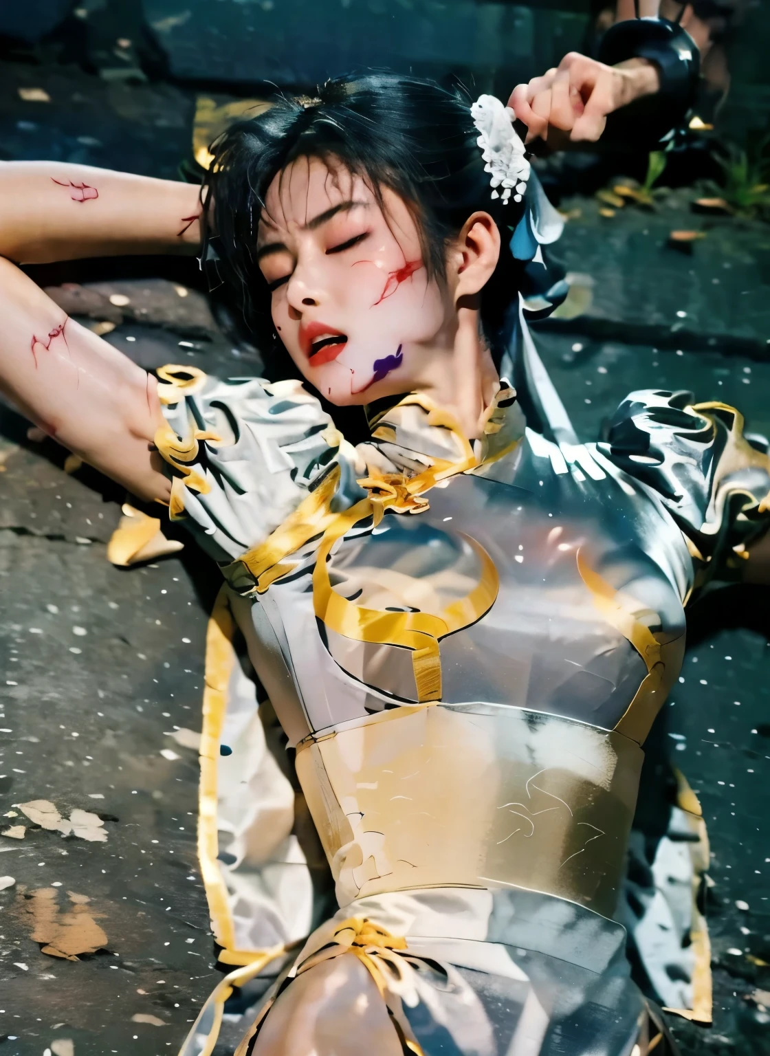 lying on the ground, Unconscious, eyes closed , underwear, Torn, Covered in scars, Bleeding, Torn服, dirt, high resolution, masterpiece, Bruises, dirt, sweat, photo real, hyper real, shot on Canon EOS, chun li