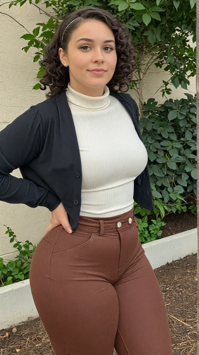 laurenphillips,a woman wearing religious turtleneck Cotton turtleneck and corduroy pants, garden, (rim lighting:0.5) <lora:laurenphillips:0.5>