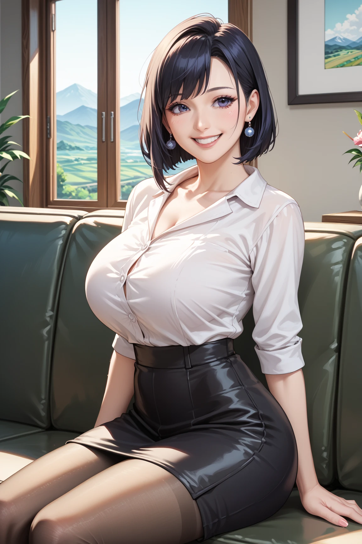 There is a woman with short black hair, big green eyes, big breasts, curved body, wearing a white dress shirt, (mini brown leather skirt 1.5), sitting on a sofa in a living room, sitting on a brown leather sofa, on a sofa, sitting on a sofa, sitting in a room, sitting on a sofa,  Women 40s, MILF, Sitting on the couch, Sitting on the couch, Sitting on the couch