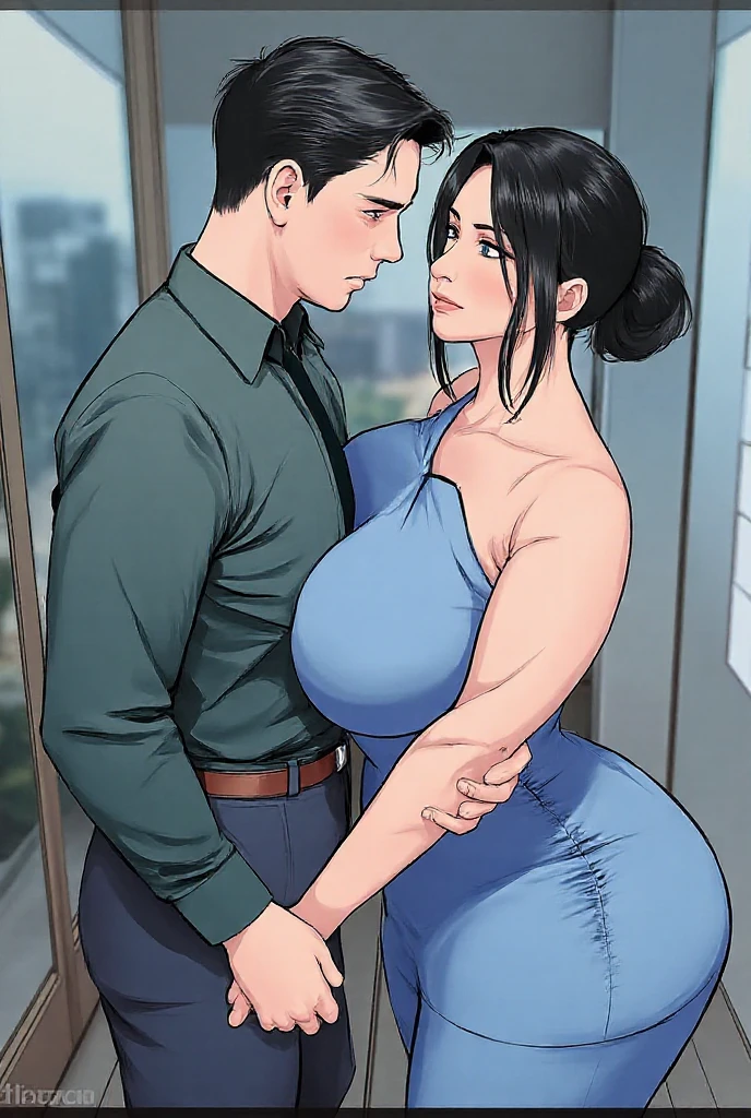 High resolution,  ((( Hispanic girl ))), ((bimbo)ong black hair, ponytail, wide hips, thick thighs, hourglass figure, small round breast, heris turned looking at the viewer with a sad, huge ass size, Brazilibutt lift, (she's weg a tight blue dress), her ass is covered, (((a talan walking beside her))), ((he's in his 30s and wearing a suite)), (((he's grabbing and groping her ass))), (((her ass is beingabbed))), (((siview)))