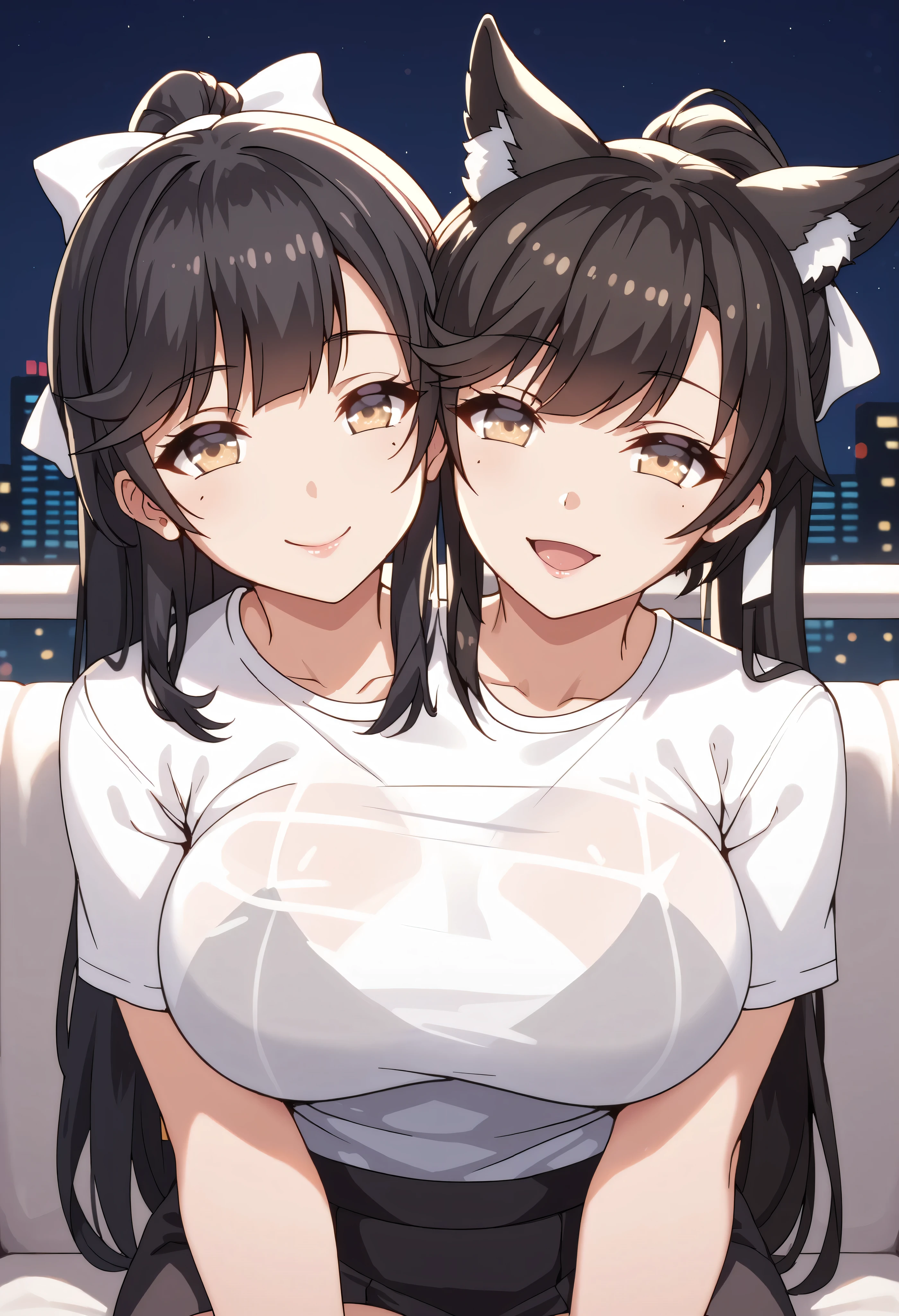 2lady(different hair style and clothes color), ((ultra-quality)), (Bukkake:1.5), (side view), (profile), (bare shoulder:1.3), (black tube top), (in 8K), (arms behind back:1.5), (arms are down), ultla highres, Hyper Detailed, High contrast, Ultrafine Strike, creative refinement, absurdres, Realistic, extremely detailed CG unified 8k wallpaper, Highly detailed, High-definition raw color photos, professional photograpy, Realistic portrait, Cinematic Light, Beautiful detailed, 28 years old woman, (realistic skin:1.3), (shiny skin), (Best Quality:1.4), Super Detail, High quality, master piece, lifelike, (After SEX), Bukkake, Perfect face, (cum on chest:1.5), (Bukkake:1.3), (cum on clothes:1.3), (Sharp Focus), (upper body), (close up), Delicate Beautiful Hair and Eyes and Face, Delicate eyes, radiant eyes, Lifelike, Hyper-detailing, (Sheer areola), (colossal breasts:1.9), (big breasts:1.8), (Beautiful breasts:1.5), (covered breasts:1.5), (arms behind back:1.3), Beautiful cute woman, camel-toe details, (NSFW), wet clothes, pale black eyes, (dark bob hair), (ponytail), (asymmetrical bangs),
