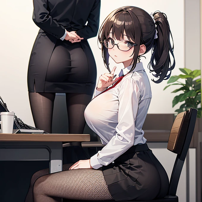Black hair, emerald eyes, prominent black pupils, d cup breasts, black shirt, black skirt, mysterious, pantyhose, futanari bulge, fully clothed, art room