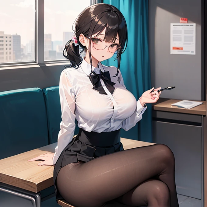(((nsfw))),1girl,masterpiece,best quality,((最高品質)), ((傑作)), (詳しい), 完璧な顔, beautiful detailed glow,film Reflection, from front,front face,Voluptuous,glamorous,Chubby,thicc,curvy,Leggy,Tall,hanging breasts,1 grandma,(((squatting,spread legs,m legs,arms behind back,cowboy shot))),house wife,30 years old,slicked back hair, chignon,glasses,Detailed beautiful eyes,looking at viewer,moody face,bashful,embarrassed,break,((condom in mouth)),Break,Stewardess uniform,(Tight Skirt),garter belt,((panties under pantyhose)),high heels,Long Sleeves, Break,(((1dildo,underwear,dildo under panties,dildo under clothes,dildo in pussy))),(dildo under panties:1.4),giant modern window with view of nighttime city skyline in background,

