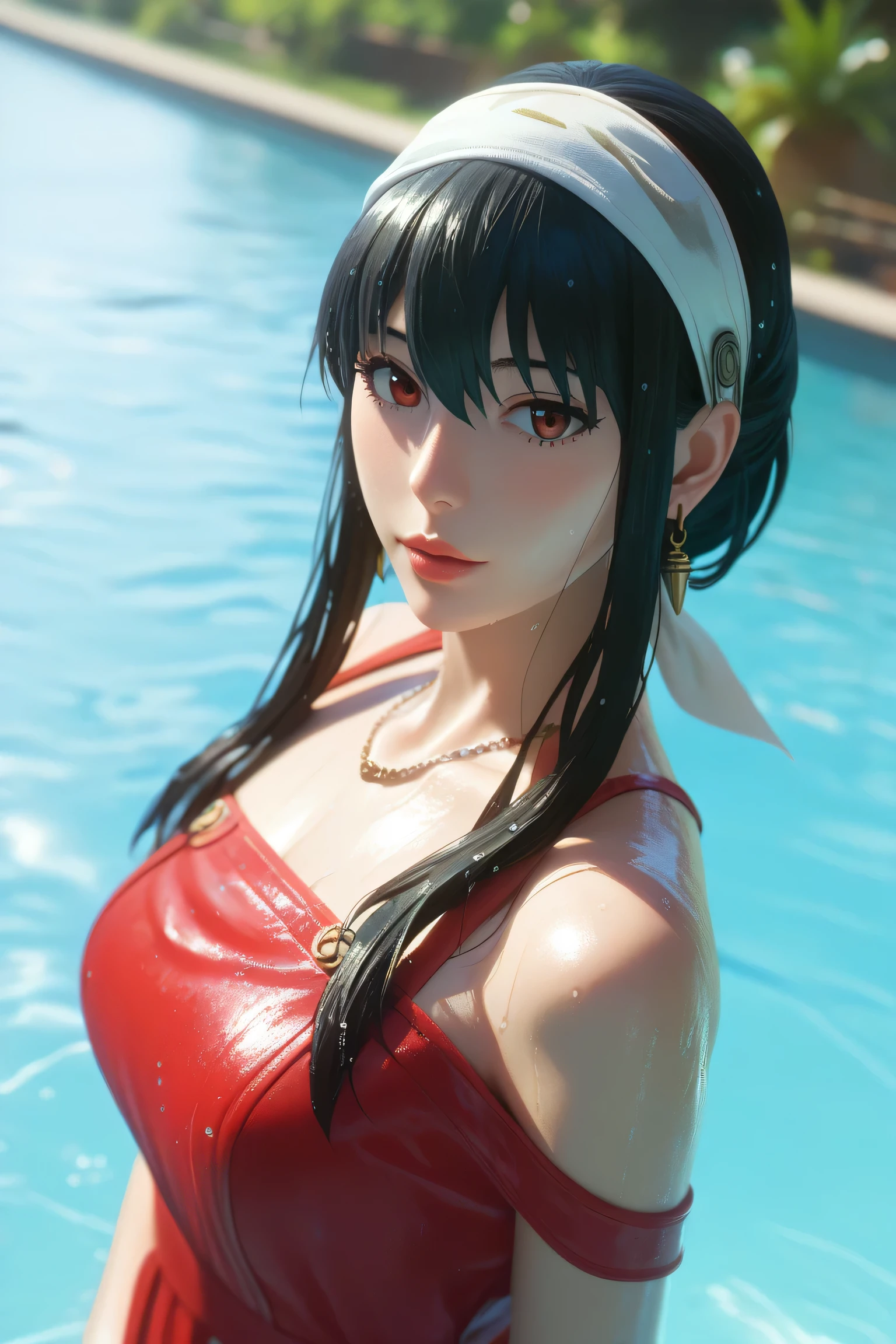 Yor forger, black hair, red eyes, white bandana,wet body, red dress,oily body,view from above,cover porn magazine pose,Score_9, Score_8_up, Score_7_up, Score_6_up, Score_5_up, Score_4_up, Source_anime, Tag1, Tag2, seductive face,(original) , (very detailed wallpaper) , (best quality) , (masterpiece) , (best lighting) , (super complex details) , ultra-detailed,, 4K unified, (super detailed CG: 1.2) , (8K: 1.2) , realistic, octane rendering,  