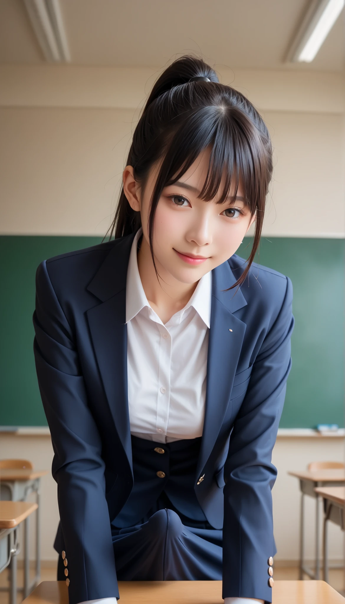  score_9,  score_8_up,  score_7_up, super detailed,  BREAK Complete Anatomy   , 32K,  masterpiece ,  best quality, super high definition ,  beautiful face and eye details flooded the classroom,  beautiful Japanese woman  ,  black hair,  ponytail,smile,steam,  uniform,  blazer,   Like leaning forward when jumping into the classroom、 Modern fit jacket ,miniskirt,  turn your hands back ,  small  ,  Lean forward when rushing to class ,the above,upper body,  watch viewers,town, Erection under clothes