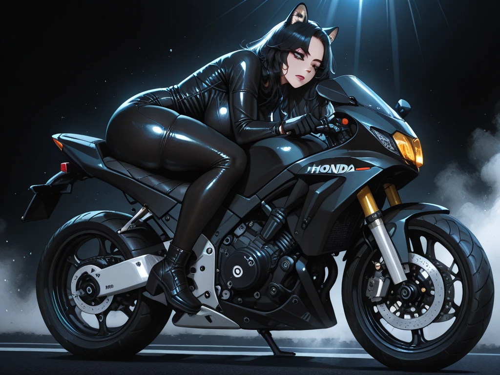 Woman on a motorcycle, wearing the black leather jacket, Has attractive curves, Holding a sign, and wearing a Catwoman mask........, cat woman, (Best quality, 4K, 8K, A high resolution, tmasterpiece:1.2), Black leather set, high-heels, ultra - detailed, (actual, realistically, realistically:1.37), cat woman, Conceptual artist style, (realistically:1.2), (EndlessReality), (tmasterpiece:1.2), (Best quality), (hyper-detailing), (8K, 4K, Complex),  wearing gloves.
