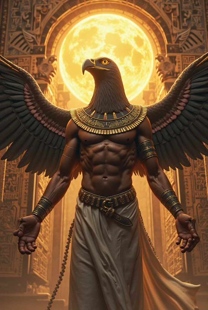 ((best quality)), ((masterpiece)), (detailed), Horus,God,falcon head,bird head,falcon face,bird face,Egyptian horus,pyramid,desert,Male,male body,muscle,muscular,shirtless ,top less,8k,add_detail,best quality,sharp focus,masterpiecedetail eyes,extreme detail,super detail,vibrant colors,cinematic,high quality,4k,white skin,hand some ,fit,abs,six pack,Big muscle,moon light,star,dark sky,feather,black feather,falcon wings,black wings,Gold,golden necklace, loincloth,golden loincloth,Black loincloth, claw,golden outfit,black outfit,perfect body,show body human body, half man half animal, Formidable,god of Egypt ,falcon eyes,beautiful eyes,short hair,white skin ,white body,diamond necklace ,golden feather head,big wings,open wings,pose,HD nipples,angry eyes