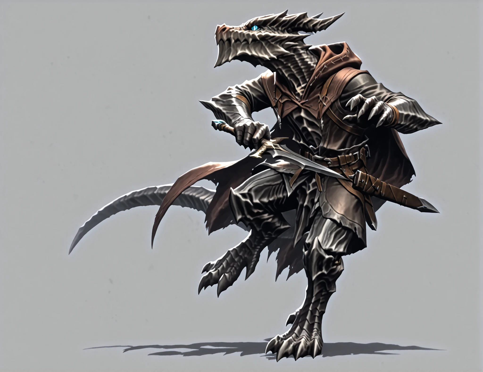kobold, rogue, black scales, blue eyes, hood, holding a dagger, male, small, short, character sheet, kushala daora