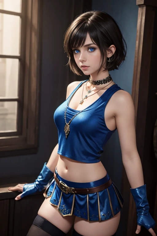 25 year old woman with short undercut indigo hair dressed in a skimpy  princess outfit with miniskirt, cleavage, belt. Blue eyes with eye liner. Neutral background