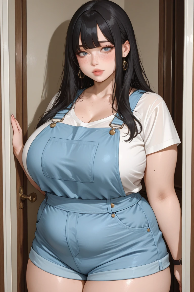 Makima de l'anime "chainsaw man", bbwchan, corps entier, magnifique et ultra détaillée. Ssbbw, obésité morbide, Cheveux rouges, yeux jaunes, visage gras, visage ultra détaillé et doux. Chemise, jupe en jean, pose dynamique, soleil, gros ventre rond et moux 