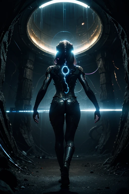 A mythological being guarding a portal to another world in an alien landscape.