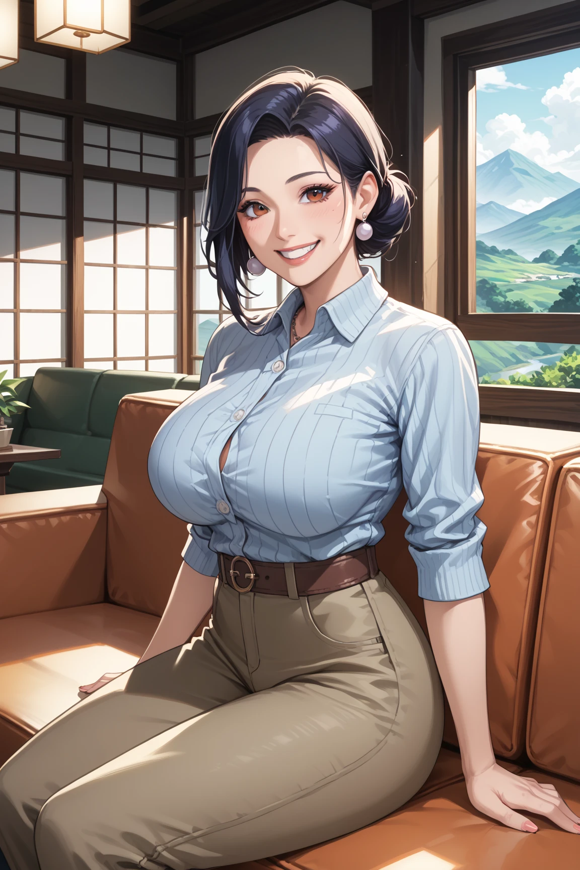 (highest quality,masterpiece:1.3,Ultra-high resolution),(Very detailed,Caustics,8k),(Realistic anime:1.4,RAW shooting),18-year-old,cute,Japanese Idols,Black hair half up,Smiling and looking at the camera,Crouched posture,Big Breasts,cleavage, cardigan,Knitted dress,(garden),(Low position:1.2),(Low Angle profile:1.2),(Face Focus:1.2),(Face close-up:1.2),Natural light,(digital illustration),Professional lighting