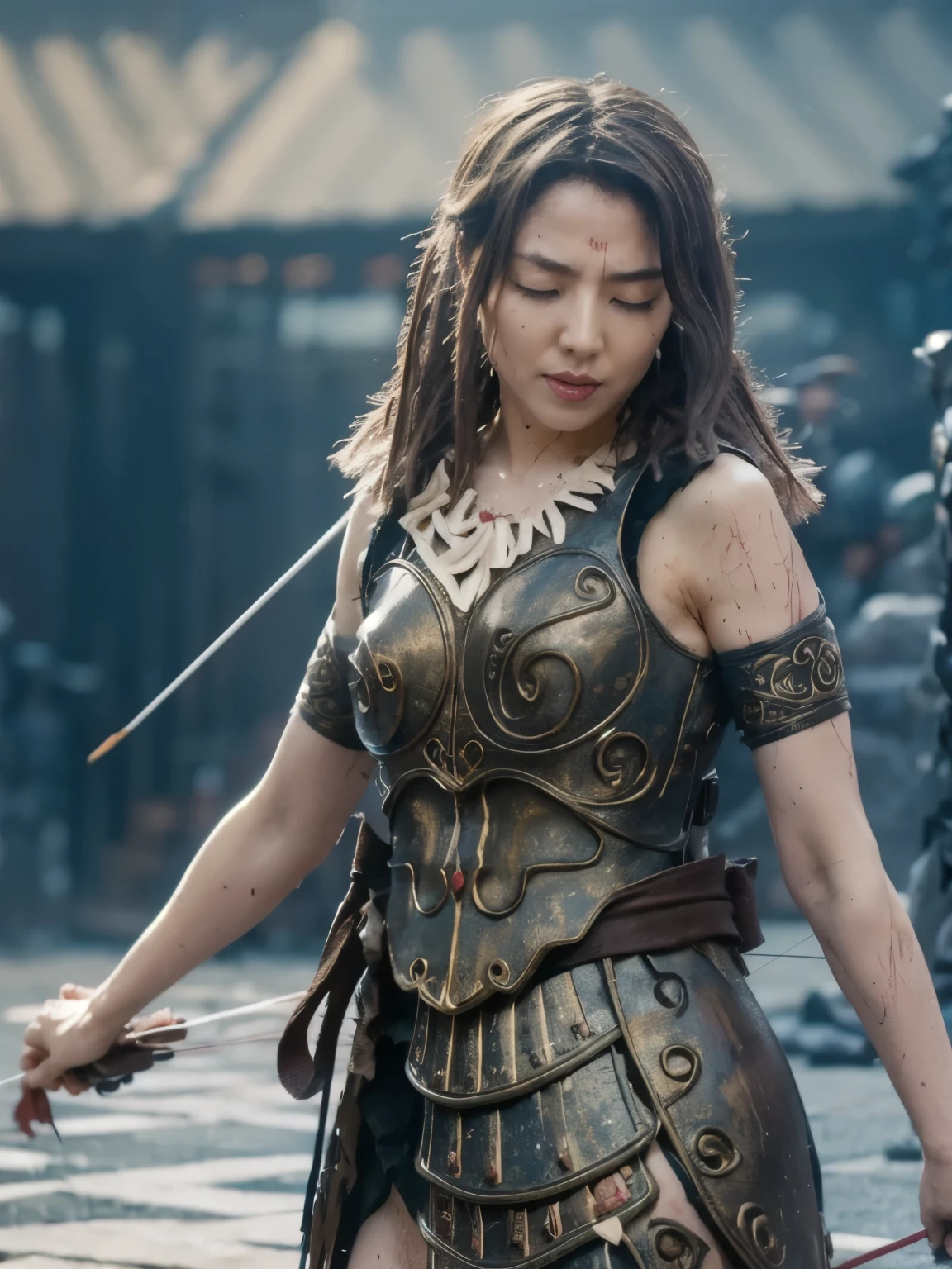 A bow and arrow are stuck in her body , Cry of Pain, eyes closed, masterpiece, high resolution, scratch, Torn, scratchだらけ, , dirt, wet, It's raining heavily , Clothes are torn 、I can see his chest and nipples , panties with DECOR , 打撲scratch, scream