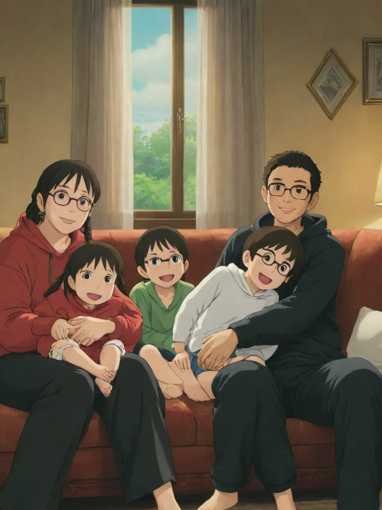 Family, on sofa, Father, mother, little daughter, little son, happy faces,