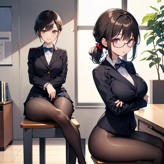 masterpiece, best quality, high definition images, atmospheric perspective, expressive eyes, perfect face, ultra detailed, solo, 1mature seductive woman showing panties on purpose, kind smile, pinup, sexy pose, alluring pose, female teacher, black short bob hair, simple glasses, business suit, jacket, blouse, pencil skirt, tight mini skirt, lifting skirt, open legs, black panties, curvy, thighs, pantyhose, high heals, from below, in study room,