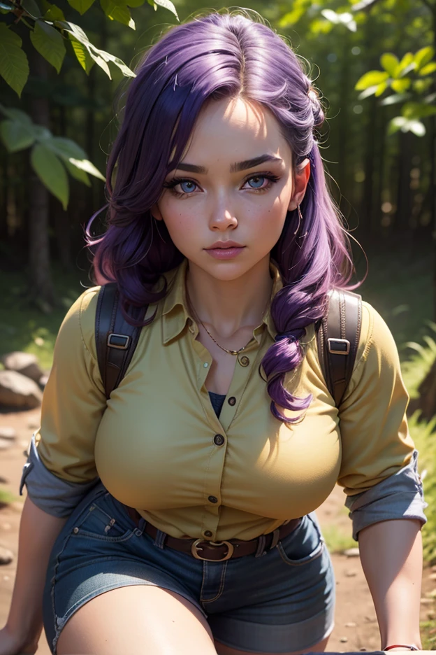 (masterpiece), (extremely intricate:1.3), (realistic), portrait of a girl, (huge breasts:1.4), the most beautiful in the world, dark eyebrows, bright purple hair, (short and messy male haircut:1.2), almond eyes, scowl, (annoyed pout:1.2), blushing heavily, (oversized baggy cosy hoodie), (ripped baggy jeans), (canvas sneakers), (backpack), (elf ears:1.1), tanned, detailed textures, indoors, bright sunlight, classroom hallway, professional photograph of a stunning woman detailed, looking at the camera, alluring stare, detailed eyes, sharp focus, dramatic, award winning, cinematic lighting, octane render  unreal engine,  volumetrics dtx, (film grain, blurry background, blurry foreground, bokeh, depth of field, motion blur:1.3)