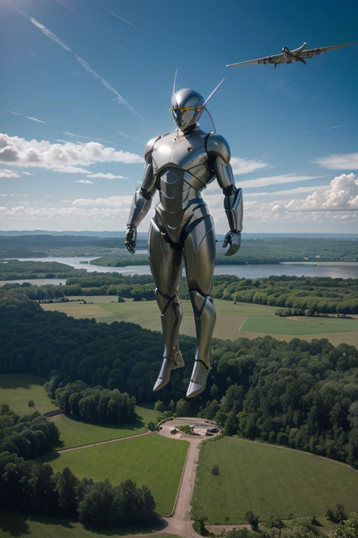 Best quality, delicate face, 25-year-old girl, slim body, body made of metal, small bust, metal structural skeleton, seaside, standing posture, beach, huge spaceship floating in the air, cyberpunk, sci-fi --auto