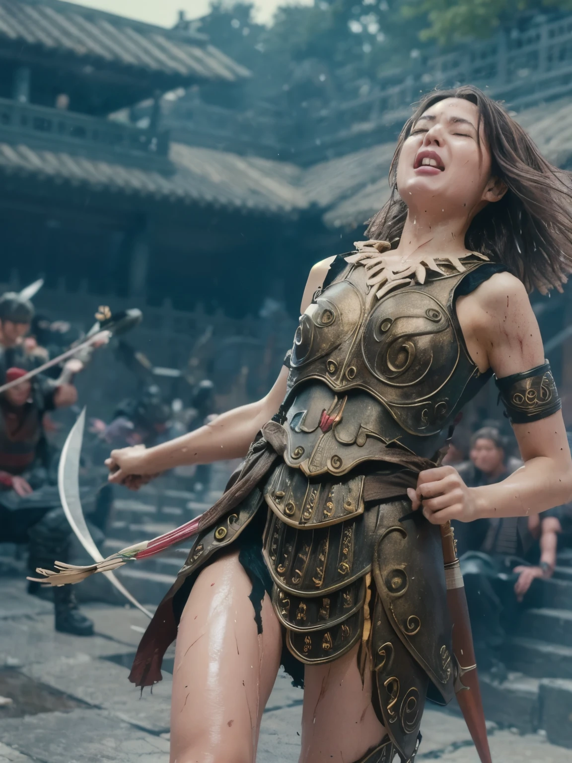A bow and arrow are stuck in her body , Agony, Cry of Pain, eyes closed, masterpiece, high resolution, scratch, Torn, scratchだらけ, , dirt, wet, It's raining heavily , Clothes are torn 、I can see his chest and nipples , panties with DECOR , 打撲scratch, scream