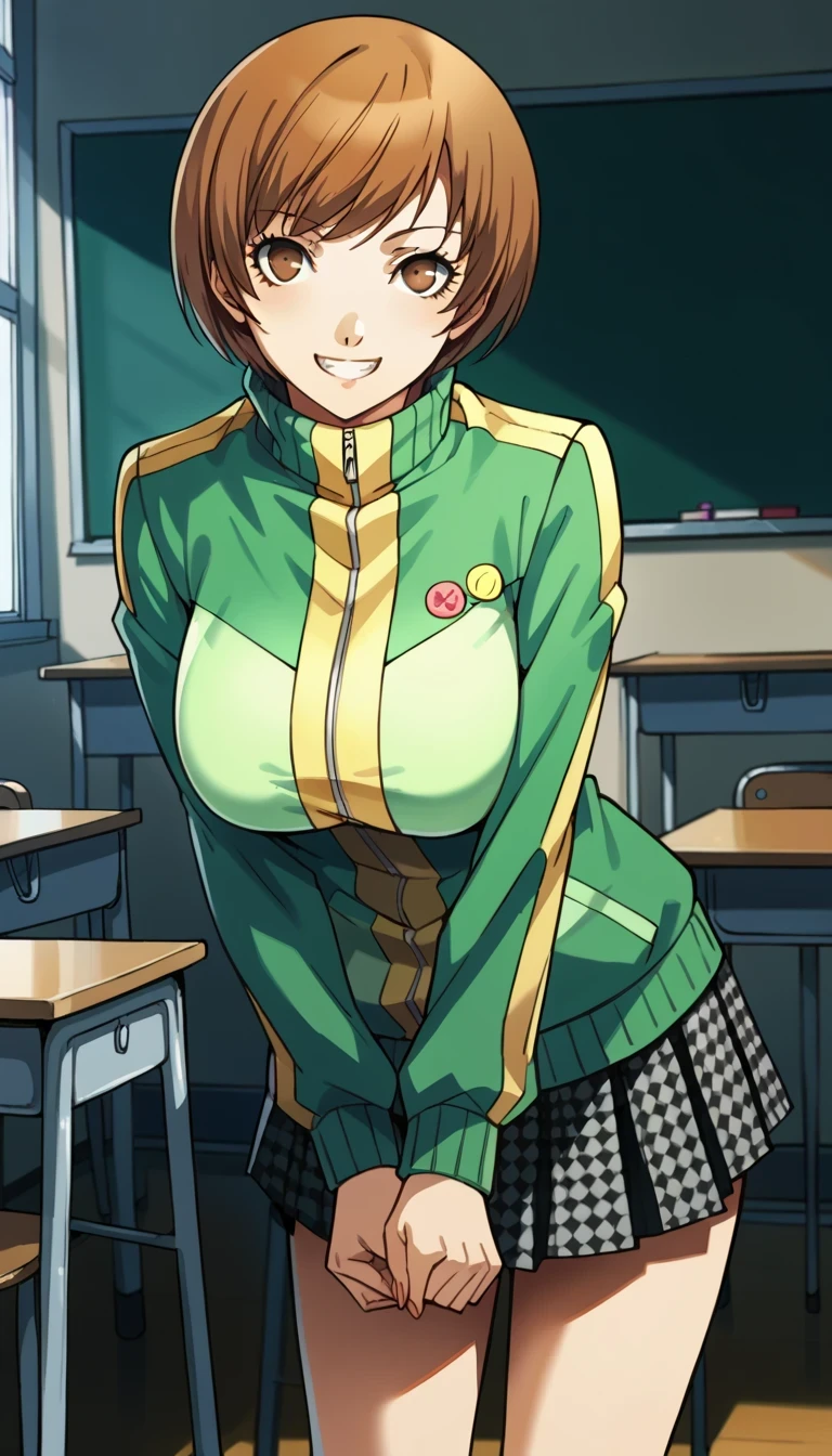 score_9, score_8_up, source_anime 1 girl, solo, cute face, p4chie, satonaka chie, short hair, brown hair p4chie-winuni, school uniform, yasogami school uniform, green jacket, zipper, button badges, pleated skirt, houndstooth skirt, socks, loafers, classroom, standing, looking at viewer, smile, teeth, classroom, standing, looking at viewer, smile, cowboy shot, v arms, cute pose, leaning forward,gigantic breasts