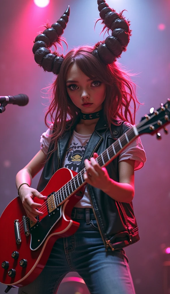 Russian style, girl children, portrait, long red hair with red leather jacket and black clothing, background with amplifiers and guitars,. --auto --s2
