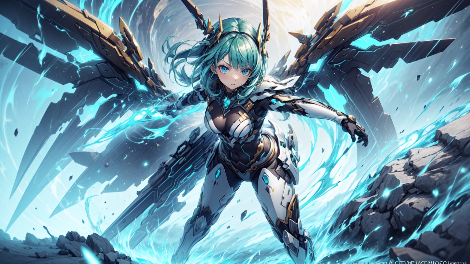 Anime style illustration of a girl with pastel green hair in aerial beam sword action. Made by FuturEvoLab, (X-ray style: 1.5), Detailed explanation, (Mecha flare type skirt: 1.5), This is a scene where a girl captures her movements. Aerial battles and performances that are dynamically composed of movement and intensity. Mechanical wings, futuristic mechs, extradimensional cyberpunk, glowing core reactors, etheric energy fields, bright colors, intricate details, movies