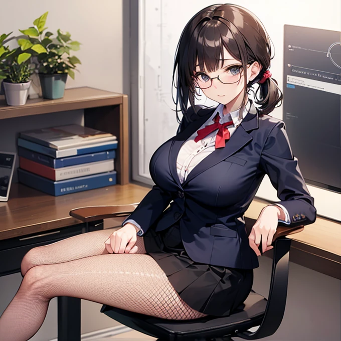 whole body,
girl,
black hair,
short hair,
dull bangs,
red eyes,
big breasts,
Front view,
from below,
evil smile,
red glasses,
office lady,
blouse,
suit jacket,
mini pencil skirt,
garter belt,
knitting tights,
high heels,
side slit,
night,
office,
sit cross-legged at a computer desk,
